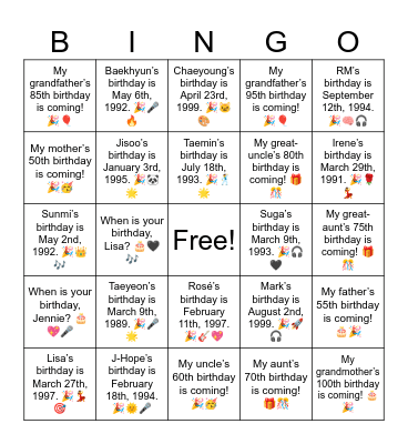 B8 L2 When is your birthday, Lisa? 🎂🖤🎶 Bingo Card
