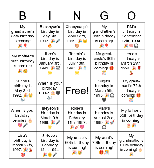 B8 L2 When is your birthday, Lisa? 🎂🖤🎶 Bingo Card