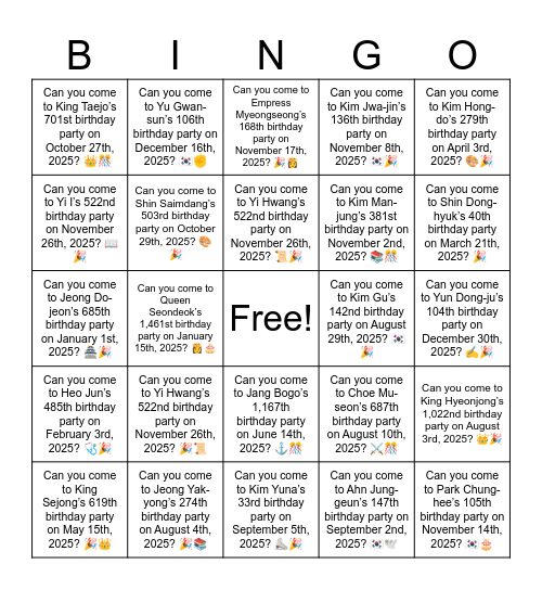B8 L4 Can you come to Kim Gu’s 142nd birthday party? Bingo Card