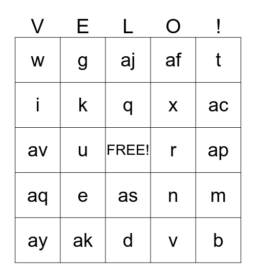 VELO! Bingo Card