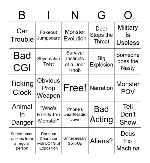 Monster Movie Bingo Card