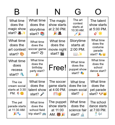 B8 L7 What time does the pet parade start? 🐶🐱 Bingo Card