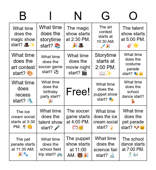 B8 L7 What time does the pet parade start? 🐶🐱 Bingo Card