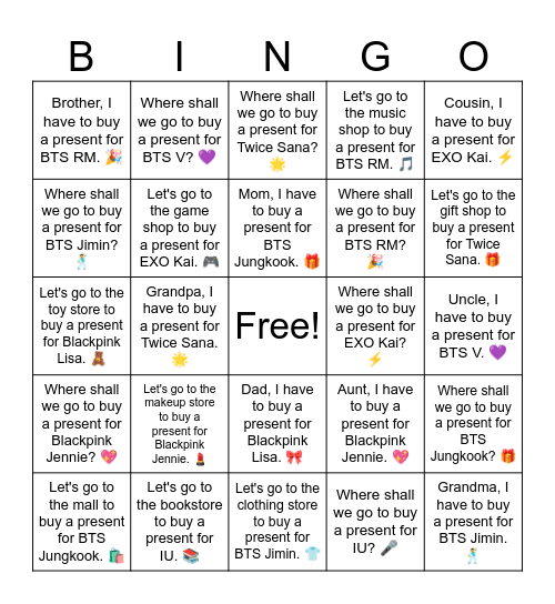B8 L11 Where shall we go to buy a present for IU? 🎤 Bingo Card