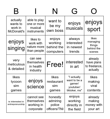 Interests to Dream Job Bingo Card