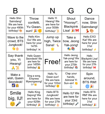 B8 L17 Cut the cake, Kim Gu! 🎂🇰🇷 Bingo Card