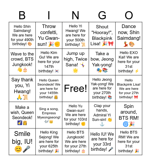 B8 L17 Cut the cake, Kim Gu! 🎂🇰🇷 Bingo Card