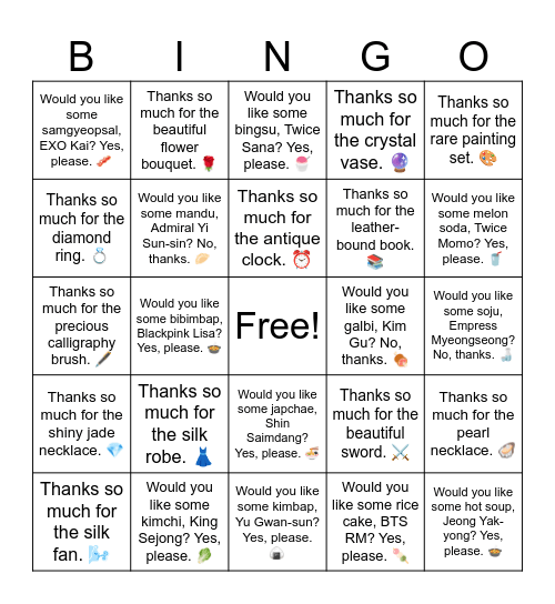 B8 L18 Thanks so much for the silk fan. 🌬️ Bingo Card