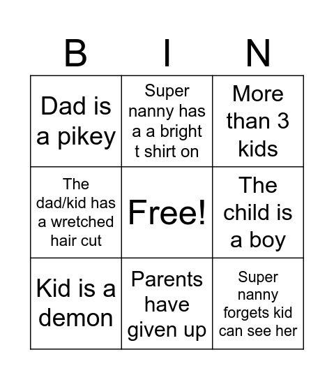 Super Nanny Bingo Card
