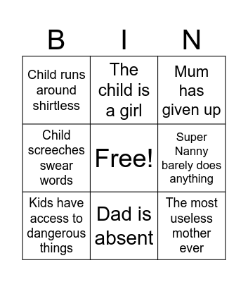 Super Nanny Bingo Card
