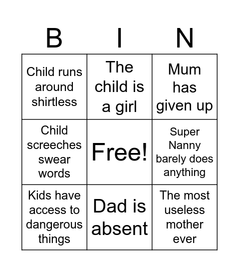 Super Nanny Bingo Card