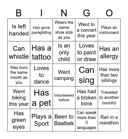 Ice Breaker Bingo Card