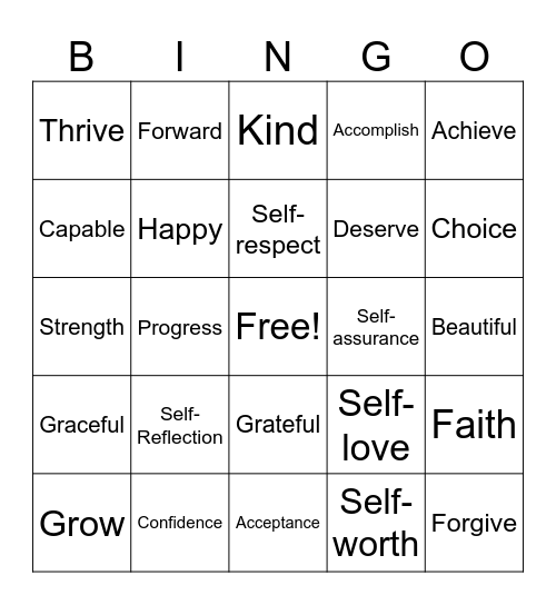 Positive Self-Esteem Bingo Card