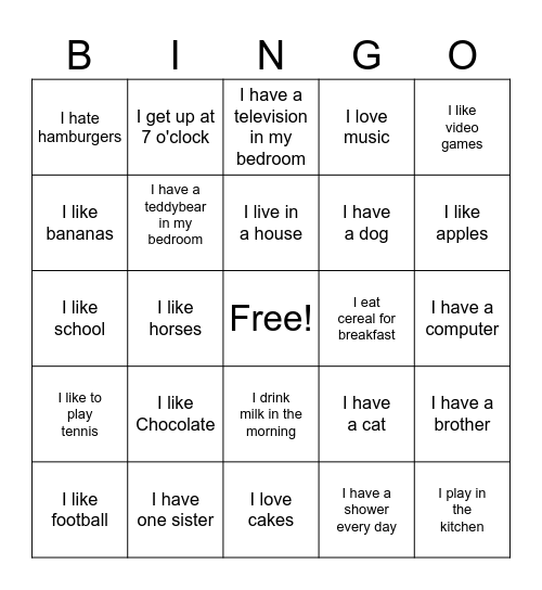 Do you have......? Do you like...? Where do you..? Bingo Card