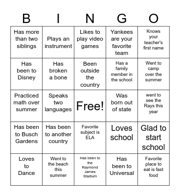 First Day of School Bingo Card