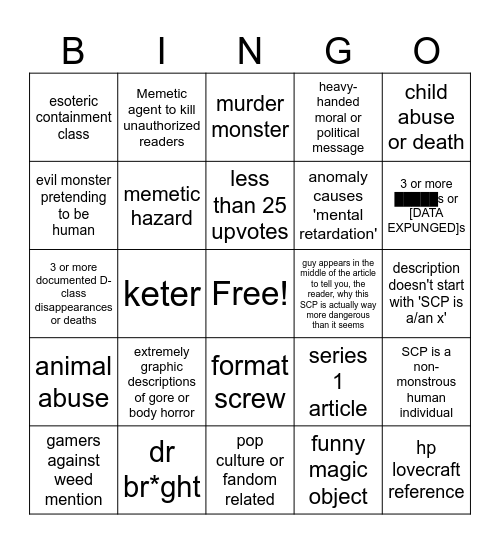 SCP Bingo Card