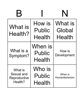 Health and Development Bingo Card