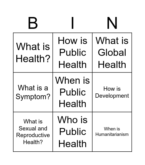Health and Development Bingo Card