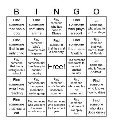 Get to Know Your Classmates Bingo Card