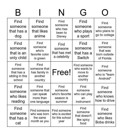 Get to Know Your Classmates Bingo Card