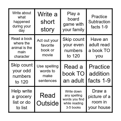 Homework Bingo! Bingo Card