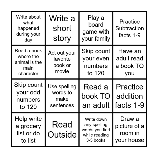 Homework Bingo! Bingo Card