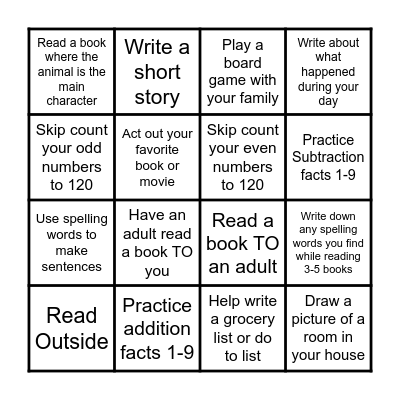 Homework Bingo! Bingo Card