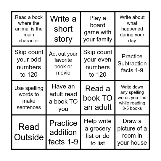 Homework Bingo! Bingo Card