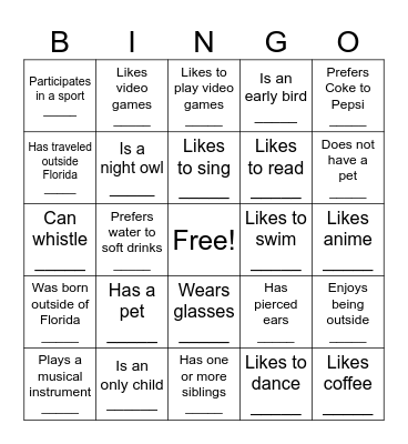 Get to Know Your Classmates Bingo Card