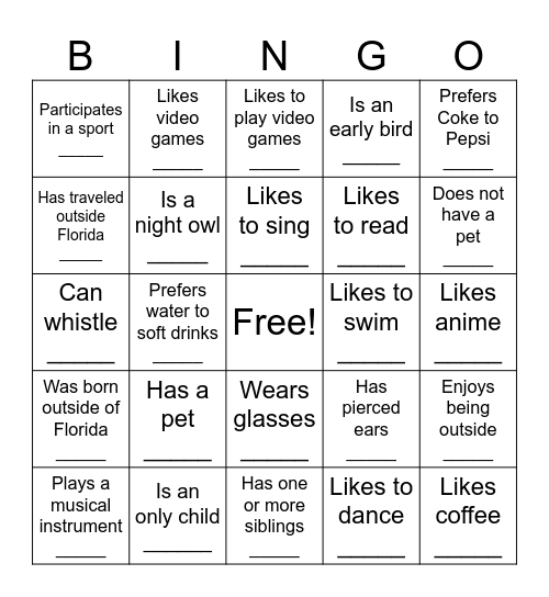 Get to Know Your Classmates Bingo Card