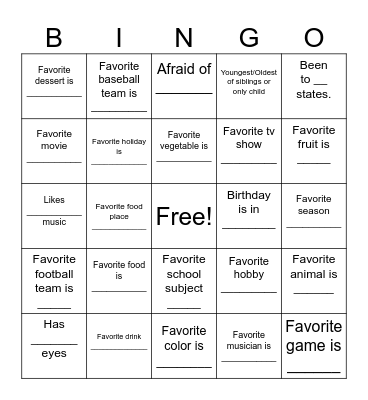 About Me Bingo Card