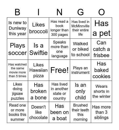 8th grade Duniway BINGO! Bingo Card