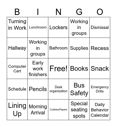 Back to School Bingo Card