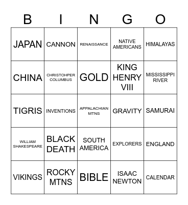 7th Grade Soc. Studies Intro Vocab Bingo Card