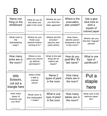 ART ROOM Scavenger Hunt Bingo Card
