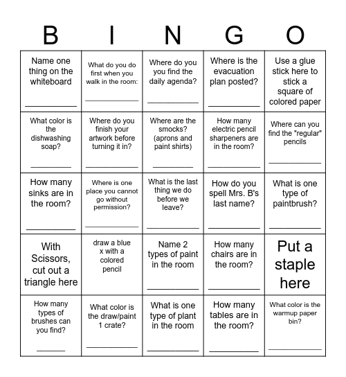 ART ROOM Scavenger Hunt Bingo Card