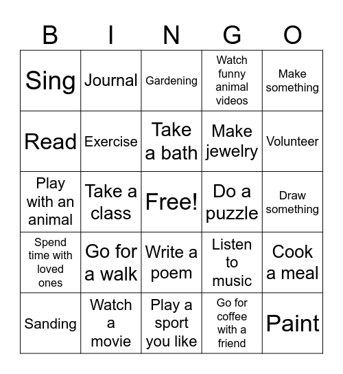 Enjoyable Activities Bingo Card