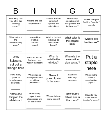 ART ROOM Scavenger Hunt Bingo Card