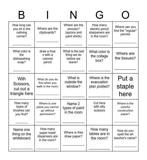 ART ROOM Scavenger Hunt Bingo Card