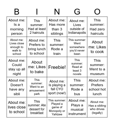 Homeroom Bingo! Bingo Card
