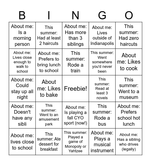 Homeroom Bingo! Bingo Card