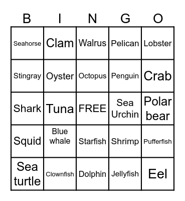 Marine Animal Bingo Card