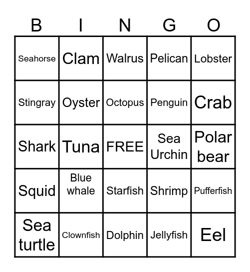 Marine Animal Bingo Card
