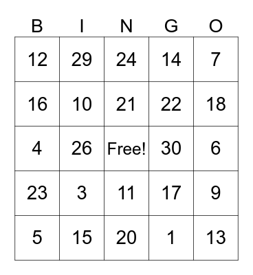 Los numeros Bingo Card
