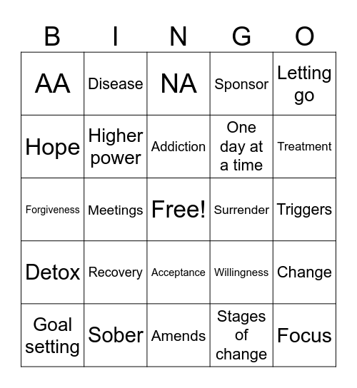Recovery Bingo Card