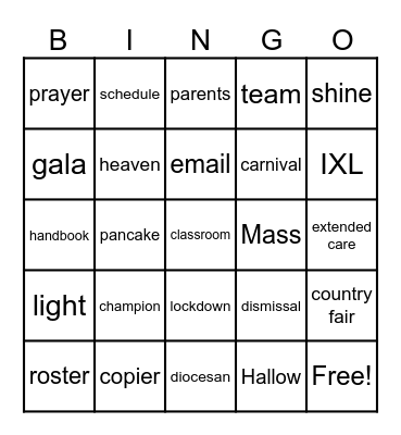 Back to School Bingo Card