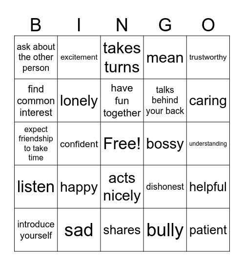 Friendship Bingo Card