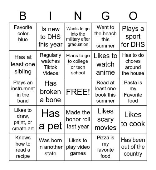 First Day of School Bingo Card