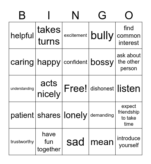 Friendship Bingo Card