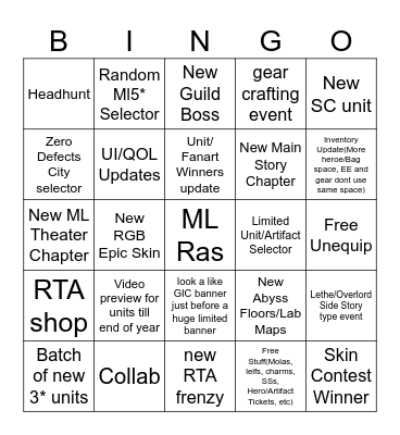 E7 Saturday stream Bingo Card